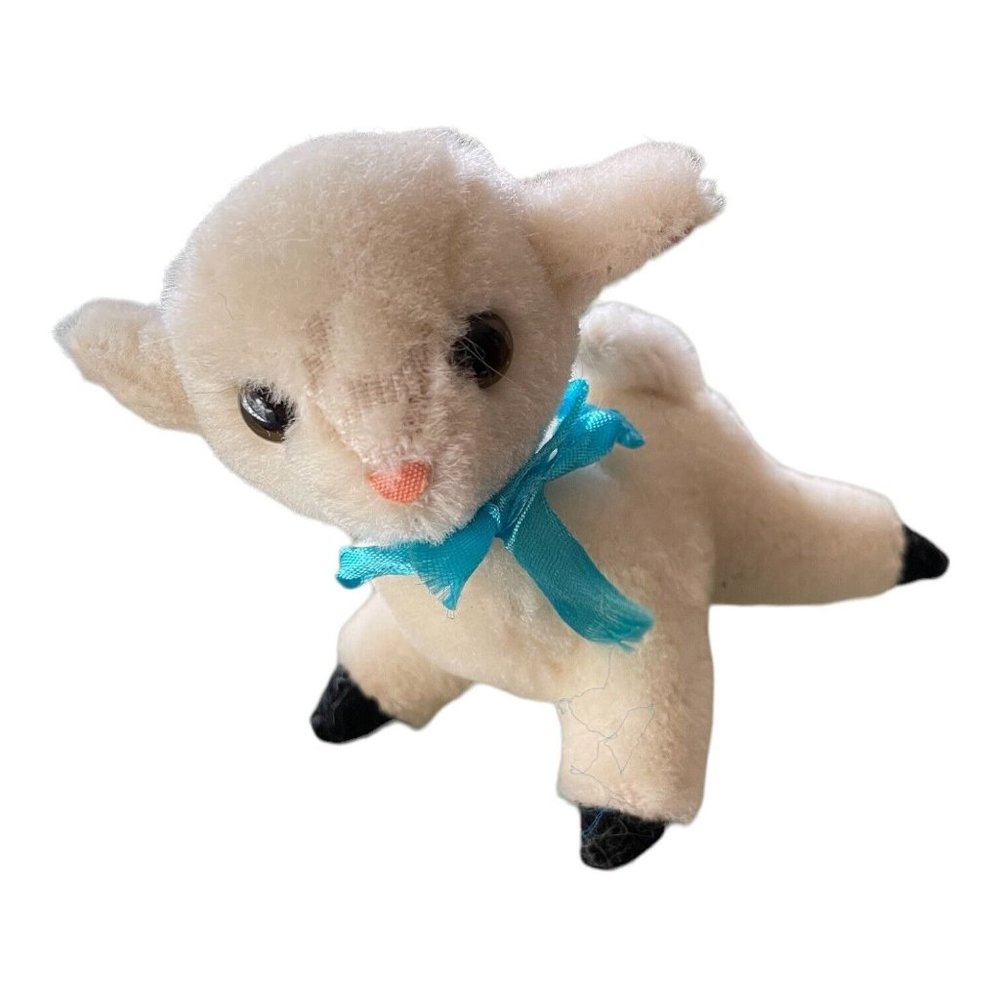 EASTER Lamb Plush Spring Stuffed Animal White Blue Ribbon Sheep Toy Basket Gift